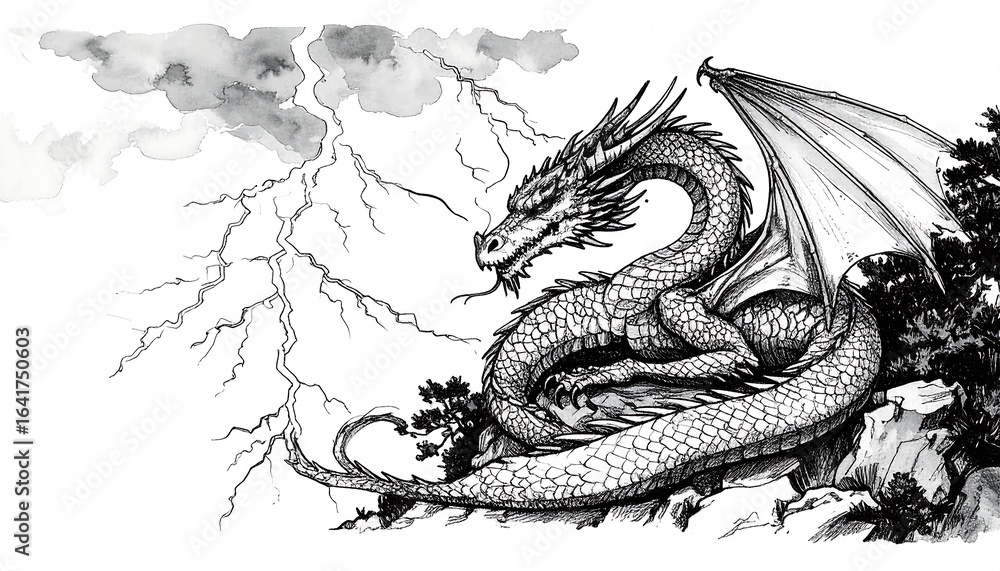 Fototapeta premium Dragon amidst stormy sky