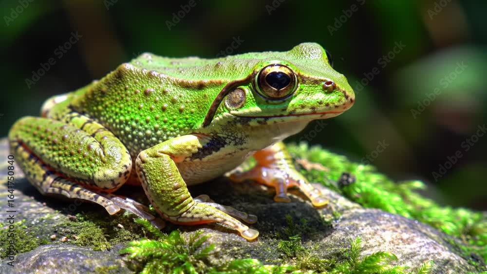 Detailed close-up of a green frog on a mossy surface. An intimate look at amphibian wildlife in a natural environment. Detailed close-up of a green frog on a mossy surface. An intimate look at amphibian wildlife in a natural environment.