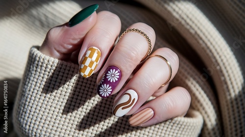 Emerald and Mustard Autumn French Tip Nail Art with Floral Daisies: for nail studio inspiration