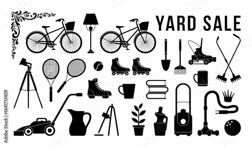 Yard sale collection of bicycles gardening tools and sports equipment lamp tennis