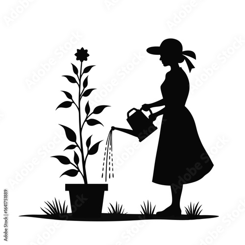 Silhouette woman watering potted plant with watering can 1
