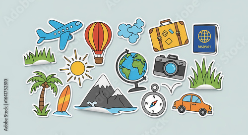 Collection of travel and vacation themed sticker illustrations.