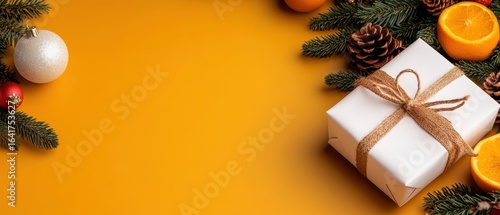A festive Christmas composition with a gift, oranges, pine branches, and ornaments on a yellow background. Horizontal banner with copy space for text, poster, free space
