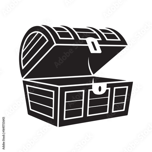 Wooden treasure chest silhouette vector, Treasure chest flat vector illustration, Wooden treasure icon. Vector black silhouette. with white background.