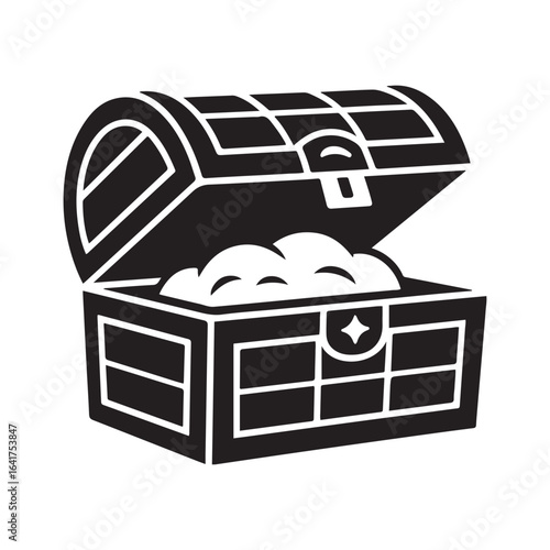 Wooden treasure chest silhouette vector, Treasure chest flat vector illustration, Wooden treasure icon. Vector black silhouette. with white background.