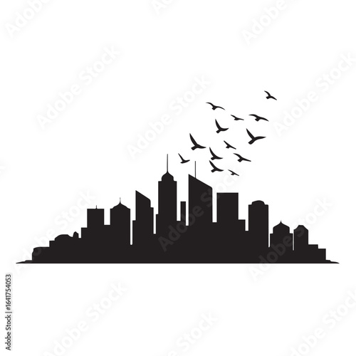 Wallpaper Mural Black silhouette of a city skyline with a flock of birds flying upwards, symbolizing freedom and urban life, isolated on white background Torontodigital.ca