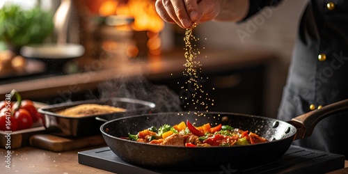 Fototapeta Naklejka Na Ścianę i Meble -  Chef adding spices to a sizzling stir fry in a wok with a warm kitchen background