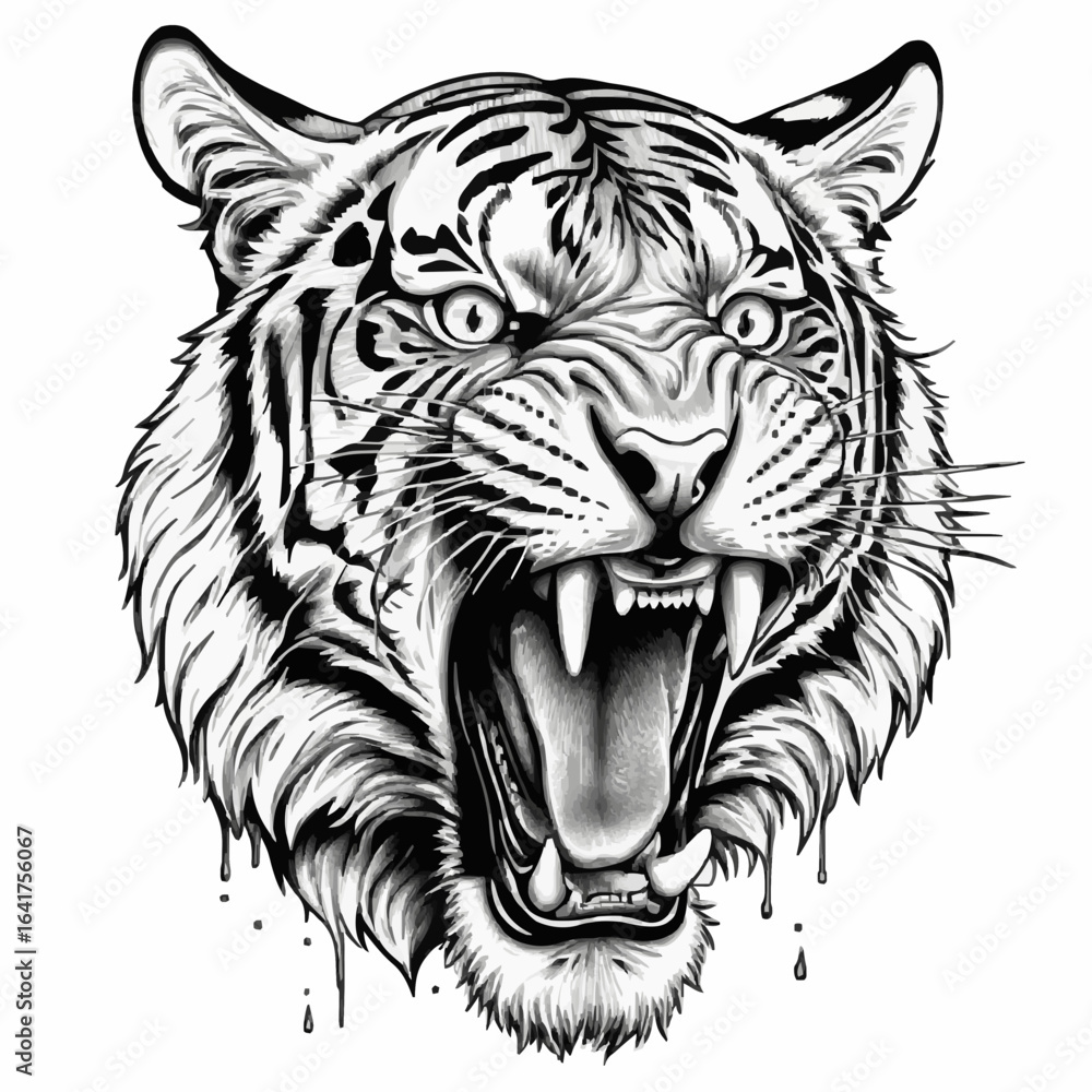 Obraz premium T-shirt print with a roaring tiger head in a monochrome tattoo style, representing wild power and aggression, isolated on a white background for a bold statement and design