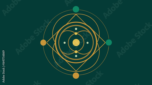 Mystical Geometric Symbol With Gold Lines On Dark Green abstract spiritual