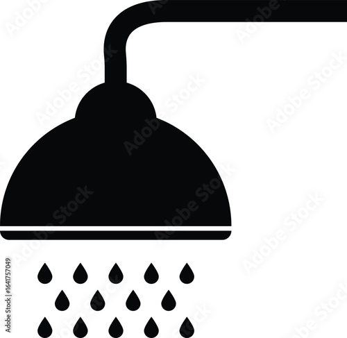 Solid black shower head icon with a wall-mounted pipe and multiple water drops, symbolizing bathroom fixtures, hygiene, cleanliness, plumbing, and modern water systems in home or hotel design.