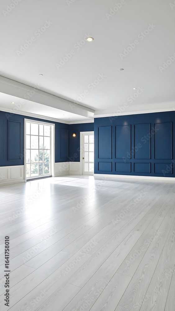 Obraz premium Empty classic room with blue walls and white floors