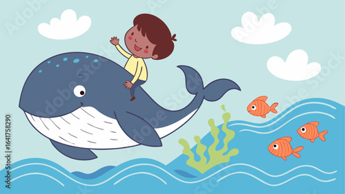 Whale and child swimming ocean scene