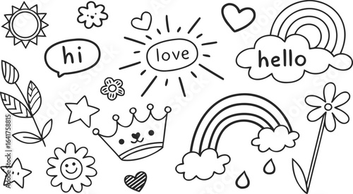 cute hand drawn doodle vector set, love, Natural , firework, cloud, weather, rainbow, snow, heart. a seamless doodle vector illustration filled with cute and playful hand-drawn elements in black outli