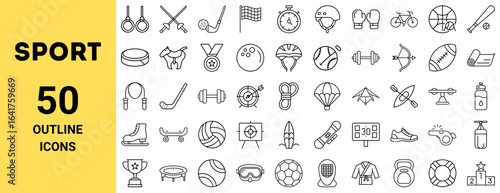 Set sport outline icons collection featuring various athletic equipment  