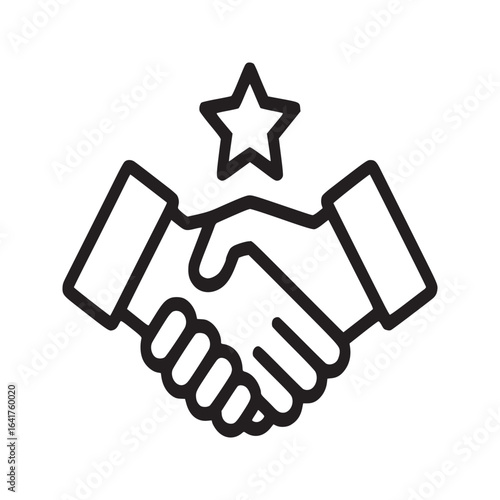 A handshake icon with a star above it symbolizing partnership success and agreement in a linear style