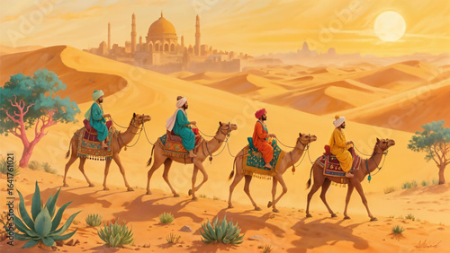 Traditional vector art of camel caravan crossing desert dunes under golden sky, inspired by Middle Eastern travel and cultural heritage