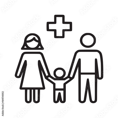 Outline drawing of a family with a mother father and child under a medical cross symbol in black and white