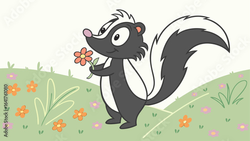 Skunk holding flower cartoon vector