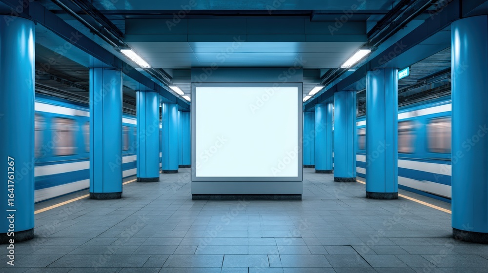 Fototapeta premium Subway Station Advertising Mockup with Blank Billboard and Passing Train for Marketing Campaigns