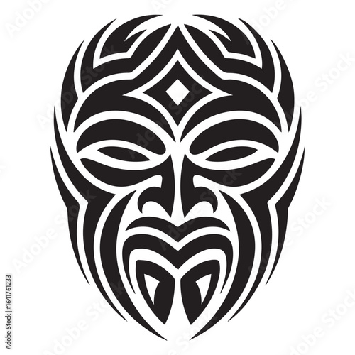 Tribal mask with intricate patterns and a fierce expression, isolated on white background