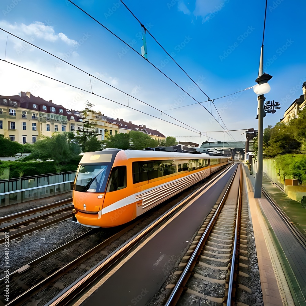 Naklejka premium Orange train on tracks in city