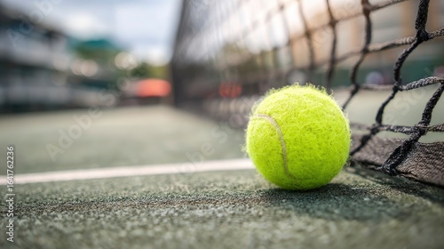 A bright yellow tennis ball rests next to the net on a textured green court surface outdoors.