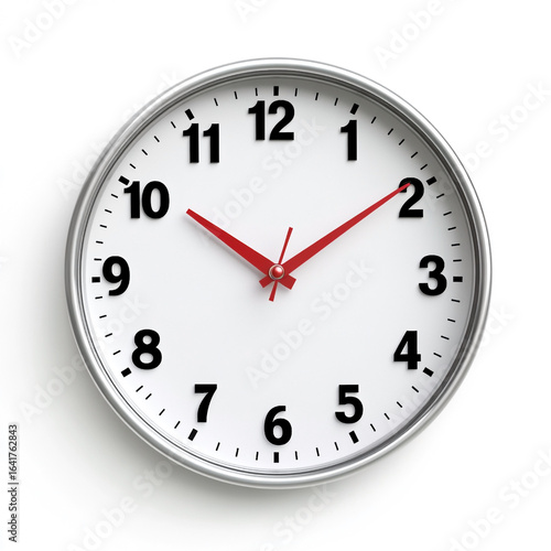 Round analog wall clock with red hour and minute hands on white background analog clock