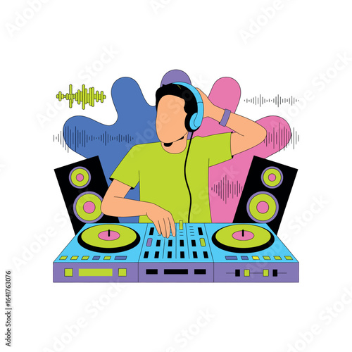 Man with headphones operating D J equipment with colorful abstract shapes music dj equipment