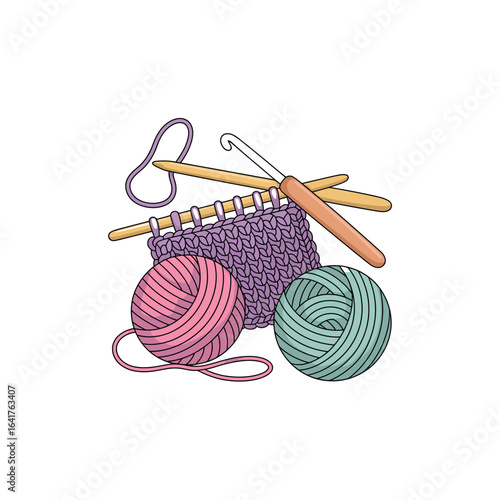 Knitting needles yarn balls and crochet hook with purple fabric vector