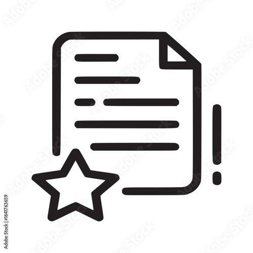 A document with text lines and a star icon in black outline on a white background simple vector image