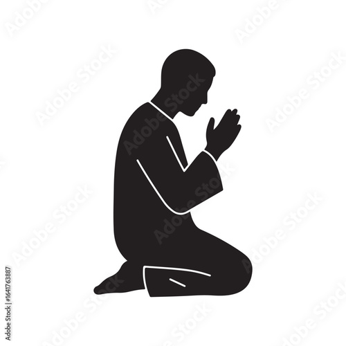 Silhouette of a Muslim Man Praying Represents Faith Spirituality and Religious Devotion in a Minimalist Design on White Background