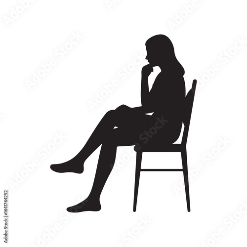 Silhouette of a thoughtful woman sitting on a chair isolated on white background in a pensive pose contemplating and considering future plans and decisions