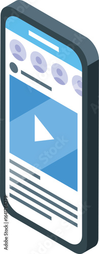 Social media marketing concept with video content and user icons displayed on a smartphone screen in isometric view