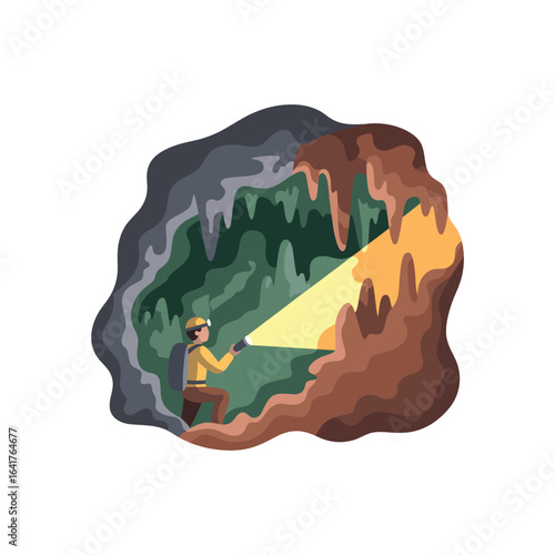 Person with flashlight exploring a colorful cave with stalactites and stalagmites exploration spelunking