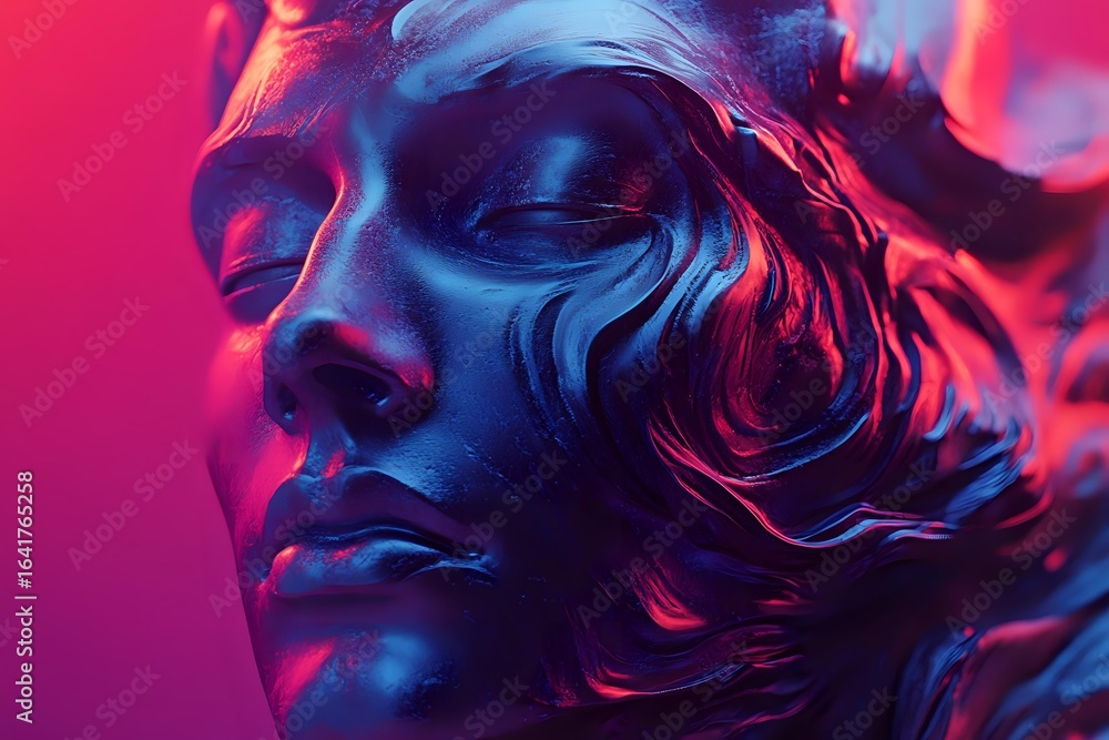 Fototapeta premium Dramatic sculpture face illuminated with vibrant neon pink and blue lighting creating modern artistic contrast and moody atmosphere for creative design projects.