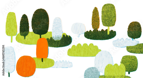 Isolate, vector, children's illustration, landscapes, trees, mountains, clouds, web design, creative style, Freaks, vector graphics, sites, landing pages, advertising, nature, playground, adventure