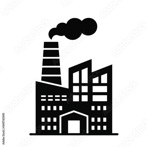 Black and white vector icon of a multi-story factory building representing industrial production and manufacturing