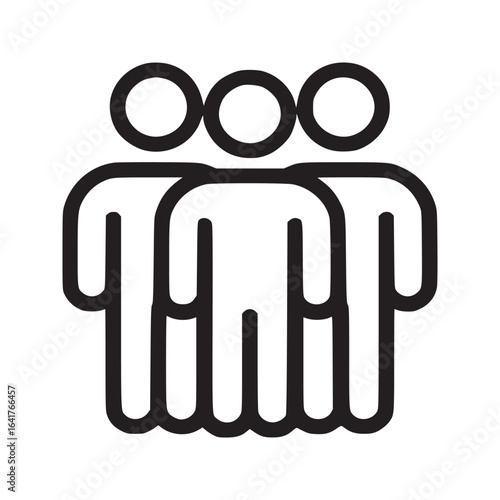 A simple black and white icon depicting a group of three people standing together in a line formation