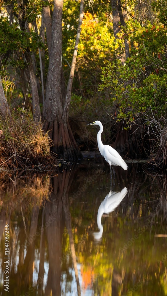 Fototapeta premium Heron reflects in calm water
