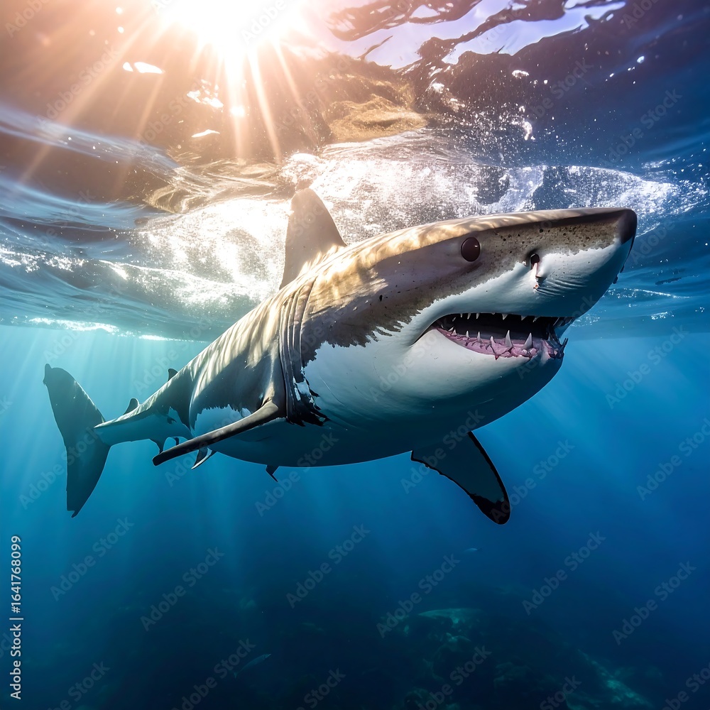 Fototapeta premium Majestic great white shark underwater, sunlit