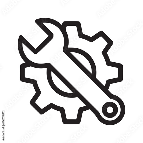 An illustration of a wrench tool resting on a gear icon in black outline on a white background
