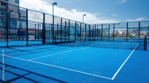A blue paddle tennis court surrounded by wire mesh Buildings in the background and a clear blue sky above