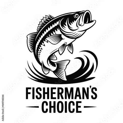Bass fish logo design for fishing gear and tackle shop vector isolated black and white for outdoor and sport branding