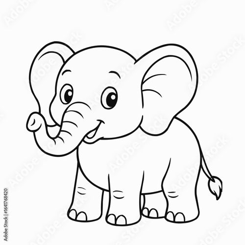 Cute cartoon elephant illustration with big ears and smiling face, children's coloring book