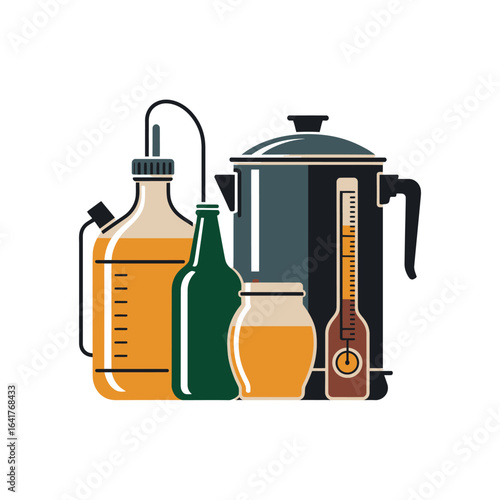 Illustration of brewing equipment with bottles and thermometer distillation alcohol