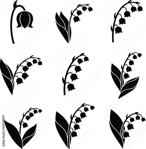 A collection of Lily of the Valley flower icons. Minimalist floral silhouette set.