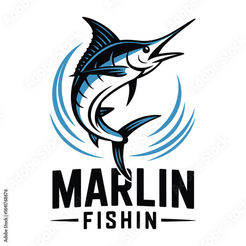 Blue marlin fishing logo with sport fishing emblem vector isolated black and white for marine and outdoor adventure branding