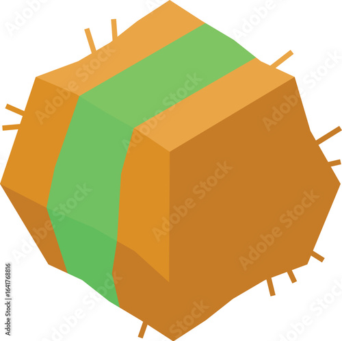 Isometric view of a hay bale wrapped with a green ribbon, representing freshly harvested fodder for livestock