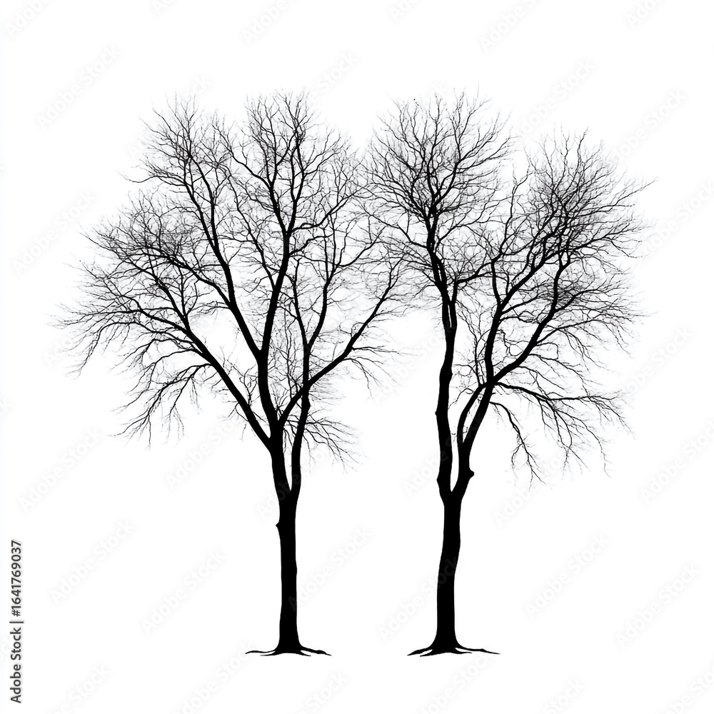 Obraz premium Two bare black trees against a white background bare tree silhouette