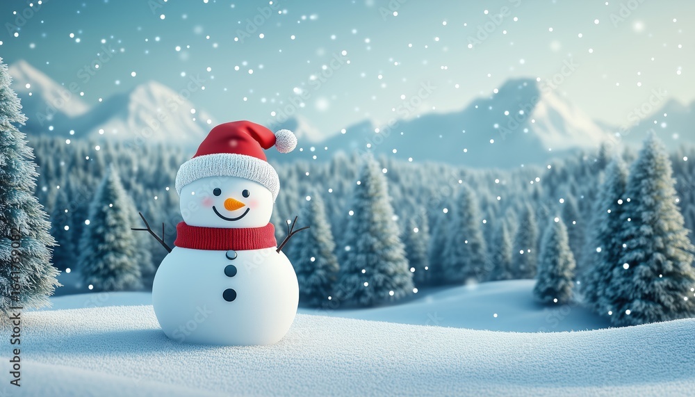 Fototapeta premium Stunning Christmas Winter Night Landscape: Snowman, Forest, And Mountains In Snowy Weather With Lush Fir Trees And Snowflakes.